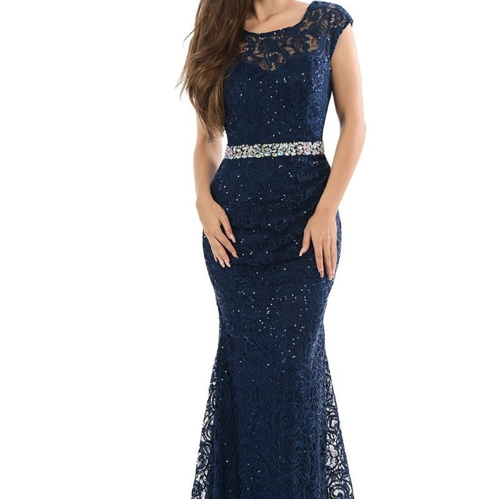 SWEETHEART SEQUINED SHEER LACE CAP SLEEVE RUCHED WAIST MERMAID WITH CRYSTAL BEAD